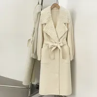 OFTBUY Neuer Winter-Mantel für Damen mit Gürtel, Langer Woll-Alpaka-Mix-Mantel, Übergroßer Echtfell-Kragen, Wickel-Maxi-Jacke