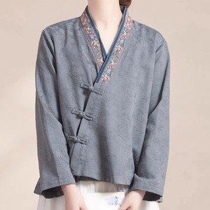 Chinese Style V Neck Embroidered Button Long Sleeve Cardigan Loose Hanfu Top For Women Spring Autumn Casual Wear Pink - Product Image 3