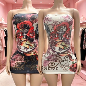 C2406 <span class=keywords><strong>Abito</strong></span> <span class=keywords><strong>Mini</strong></span> Senza Spalline Sexy Stile Y2K con Stampa e Lacci, Senza Maniche - Product Image 1