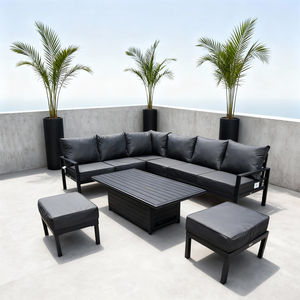 Ensemble de canapés d'extérieur en L avec table basse relevable, couleur personnalisée, structure métallique, mobilier de salon tout temps pour terrasse et toit - Product Image 1