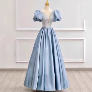 Blue V-neck Satin Ball Gown Empire Waist Haze Blue Vintage Evening Dress For Adult Birthday Parties Hostess - Product Image 1