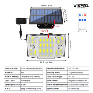 ไฟติดผนังโซลาร์เซลล์กลางแจ้ง Winfull TY01038 243/271 LED กันน้ำ 6000K แสงเดย์ไลท์ 10W 6-12 ชม. 3-5 ม. พร้อมเซ็นเซอร์อินฟราเรดสำหรับสวน - Product Image 2