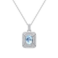Colliers pendentifs carrés à double halo en topaze bleue ovale 6*8mm, en argent 925, bijoux en pierres précieuses colorées, pierre naturelle pour femme
