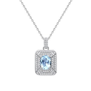 Collares con Colgante Cuadrado de Topacio Azul Ovalado de 6*8mm, Doble Halo, Plata 925, Joyería con Piedras Preciosas Naturales para Mujer - Product Image 1