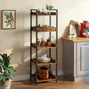 5-Tier Modern Panel Free-Standing <strong>Shelf</strong> <strong>Units</strong> <strong>Narrow</strong> Display Wood Bookshelf with Metal Frame for Living Room Bedroom - Product Image 3