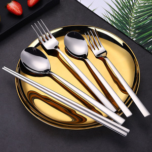 Juego de 3 piezas de cubiertos portátiles coreanos de acero inoxidable 304 (cuchara, tenedor y palillos), utensilios de comedor de mango largo para estudiantes, ideales para viajes. - Product Image 1