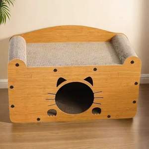 Großhandel Custom Size Katzen spielzeug Naturholz Katzen haus & Scratcher Combo-Abnehmbares Katzen bett mit Karton Scratcher Board - Product Image 3