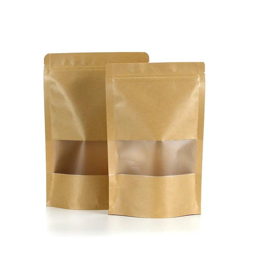 Custom Printed Packaging for Coffee for Tea Resealable Doypack Zipper Stand Up Pouch Brown Kraft Paper Bags With Clear Window