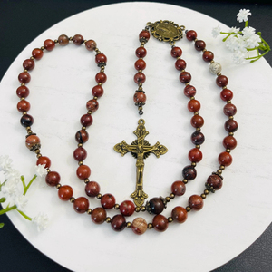 Regalo Católico Religioso, <span class=keywords><strong>Rosario</strong></span> <span class=keywords><strong>de</strong></span> Jaspe Rojo Brecciado con Medalla <span class=keywords><strong>Milagrosa</strong></span> <span class=keywords><strong>de</strong></span> Bronce y Crucifijo - Product Image 2