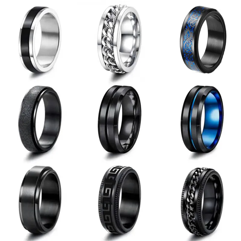 Punk Fine Stainless Steel Jewelry Anxiety Mood Man Ring Titanium Steel Rotatable Cuban Chain Spinner Fidget Ring