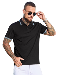 Nouveau design 2026 – Polo homme à manches courtes avec logo personnalisé, noir, performance golf, avec bordures grises et poignets contrastants. - Product Image 1