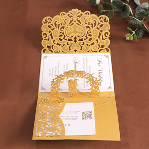 Oranje 3d Laser Gesneden Bruiloft Uitnodigingskaart Hart Hol Ontwerp Oranje Drievoudige Huwelijksuitnodigingen - Product Image 5