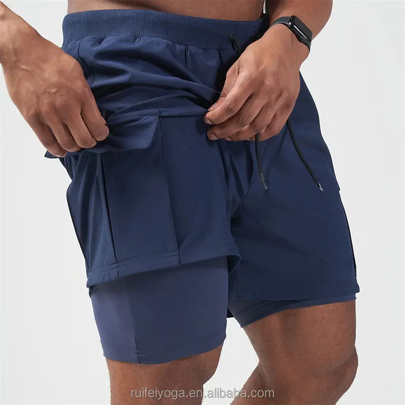 Pantalones cortos deportivos 2 en 1 para hombre, ropa deportiva de secado rápido con forro de cuerda personalizado, para correr, Fitness, gimnasio, con bolsillo de carga, novedad de 2023