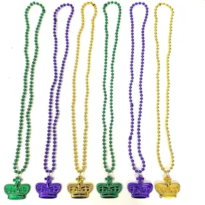Mardi Gras Bead Necklaces With Crown Pendant Metallic Crown Mardi Gras Beads New Orleans Beads For Mardi Gras Party