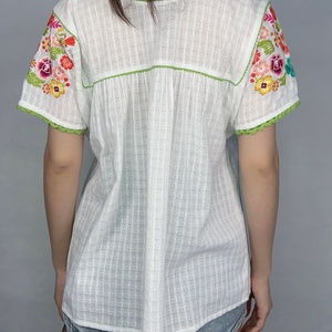OEM Women's Casual Cotton Blouse With Short Sleeves O Neck Custom Embroidery Blouse - Product Image 4