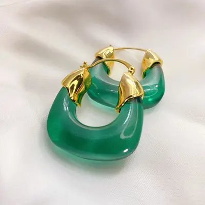 BINSHUO Anting-Anting Modern Akrilik Resin Lucite Perhiasan Logam Warna-warni Hoop Wanita Berbentuk U Telinga