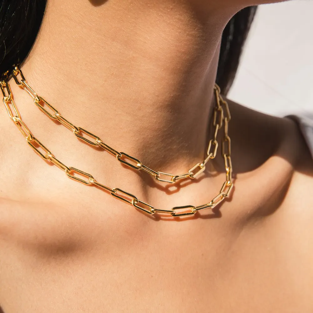 Cadena de collar de Clip de papel para mujer, de Plata de Ley 925, chapado en oro, clips de papel, 2021