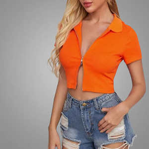 New Fashion Collared Zip Up Top corto da donna in maglia a costine arancione Casual Crop Top camicette da donna Slim Fit tinta unita - Product Image 3