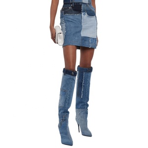 Bottes longues en jean pour femmes, à talons aiguilles fins, bout pointu, avec poches, coupe large - Product Image 2