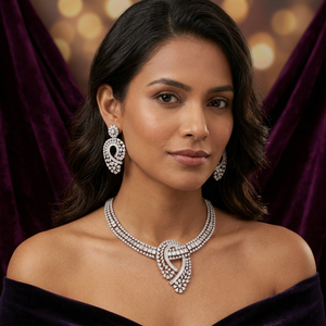 Luxury Cubic Zirconia Brass Necklace Set <b>Silver</b> Plated Bridal CZ <b>Choker</b> Earrings Set Wholesale Indian Wedding Jewelry - Product Image 1