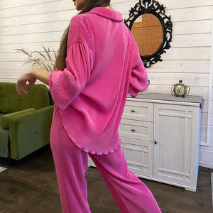 XS-L vendita calda Casual plissettato 2 pezzi Set camicette a maniche lunghe <span class=keywords><strong>pantaloni</strong></span> larghi <span class=keywords><strong>Beige</strong></span> eleganti abiti autunnali da donna - Product Image 5