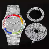 3pcs Jewelry Set Full ice Rhinestone Cuban Chain Watch Ensemble de bijoux Hip Hop de luxe pour hommes Collier Bracelet Montre
