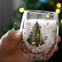 Taza de Vidrio de Borosilicato de Doble Pared con Estampado de Árbol de Navidad, 300 ml, Resistente al Calor, para Café o Té, Regalo de Navidad