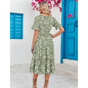 Women's Summer Floral Midi <b>Dress</b> V Neck Ruffle Short Sleeve A Line <b>Elastic</b> Waist Casual Beach <b>Dress</b> With Pockets - Product Image 6