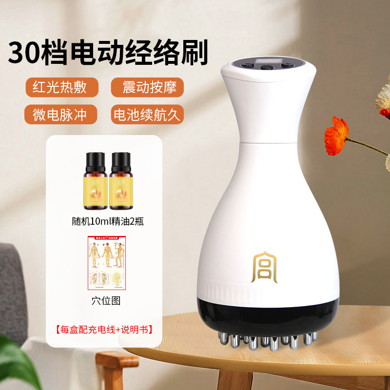 Brosse de massage Gongshi blanche - 2x10ml d'huile - Schéma des points d'acupuncture