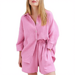 Women's Pink <b>Linen</b> Two-Piece <b>Set</b> Loose Fit Turn-Down Collar Shirt & Above Knee Shorts Casual Spring Summer Breathable Woven - Product Image 4