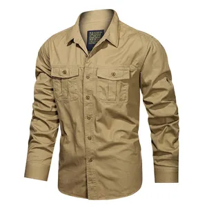 多口袋长袖战术衬衫徒步旅行旅行衬衫常规合身夹克男士休闲加大码棉货物衬衫