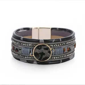 S2249 Fashion Bohemia Handmade Leopard printed Woven Layered Leather Magnetic Buckle Bracelet for Women Jewelry