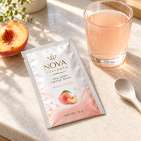 Sachet personnalisé imprimé en aluminium pour poudre de boisson au collagène saveur pêche 15g, avec encoche de déchirement pour complément beauté