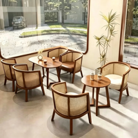 JUN HENG Ensemble de table et chaises de restaurant commercial en bois massif et rotin, style nordique, pour cafés, bars et zones de réception