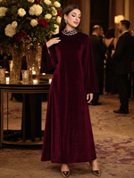 Robe longue en velours à manches évasées, col haut perlé avec ceinture à nouer à la taille |   Abaya musulmane élégante, robe islamique modeste