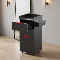 Chariot de rangement roulant minimaliste pour salon de beauté, avec poignée rouge, tiroirs multiples, support pour sèche-cheveux à 3 trous, outil de coiffure mobile