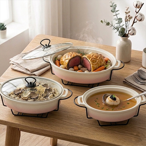 Plat de service ovale en céramique à bords festonnés de 11, 13 et 15 pouces, chauffe-plat avec support métallique - Product Image 2