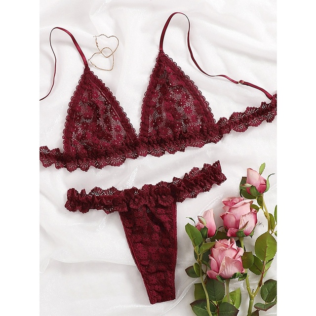 Sexy French Style Lace Bikini Lingerie Set Women Exotic Intimate Apparel Three Piece Set Nylon Half Cup Nightwear Underwear