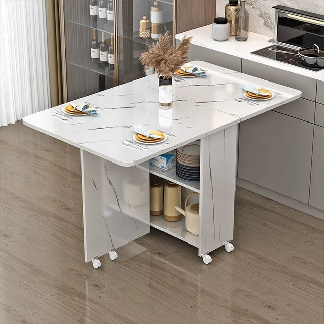 HONGHE Wooden Folding Kitchen Dining Table Space-Saving Movable Extendable Table with 2 Storage Drawers Foldable Storage Rack