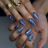 Ongles à presser en acrylique amande, effet métal liquide cybernétique bleu-vert irisé, argent liquide, papillon 3D, French manucure, clous décoratifs, ongles uniques