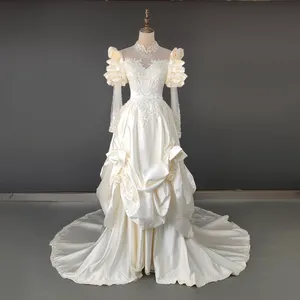 Hochwertiges Vintage Champagner A-Fassung Hochzeitskleid formell Brautballkleid lange Ärmel Rücken Schnüre besonderes Anlass-Outfit