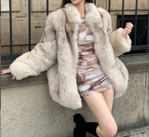 2026年セクシー冬カジュアルフェイクファー女性用Vネックシングルボタンルーズフィット長袖カーディガンロングウィンターヌードコート - Product Image 5