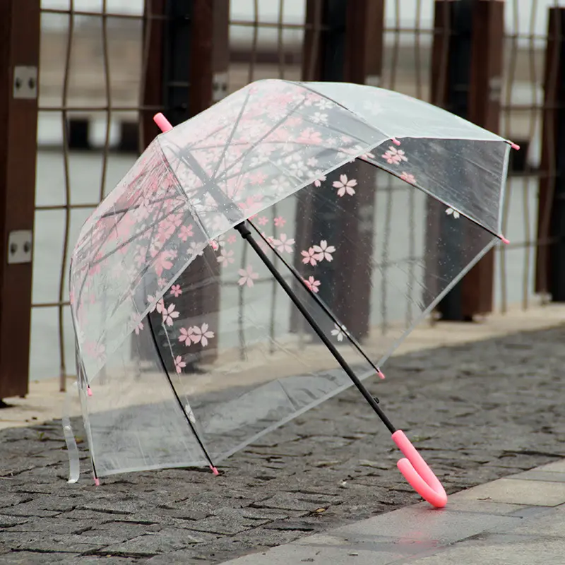 Stile coreano rosa fiori di ciliegio ombrello trasparente manico lungo bolla trasparente per bambini ombrello per ragazze e donne