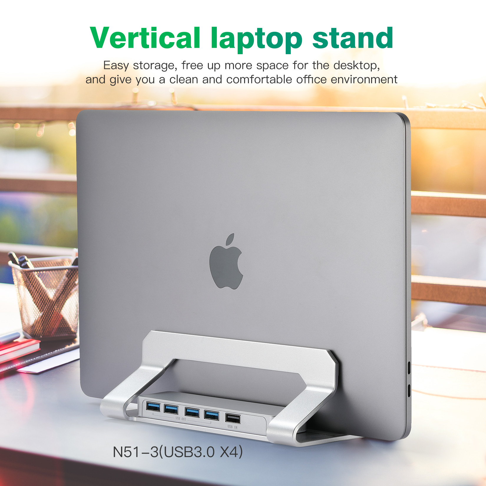 Aluminum Width Adjustable Vertical Desktop Holder Dock Save Space for Desk Organizers and Storage Laptop Stand With 3.0 Hub