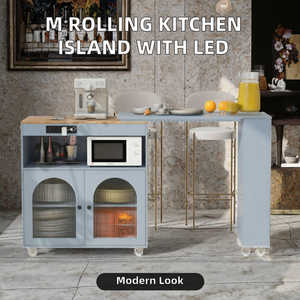 Rolling <b>Kitchen</b> <b>Island</b> Extended Table with <b>Wheels</b> LED Lights Storage Compartment MDF 7 Shelves Modern Design Portable Easy Clean - Product Image 2