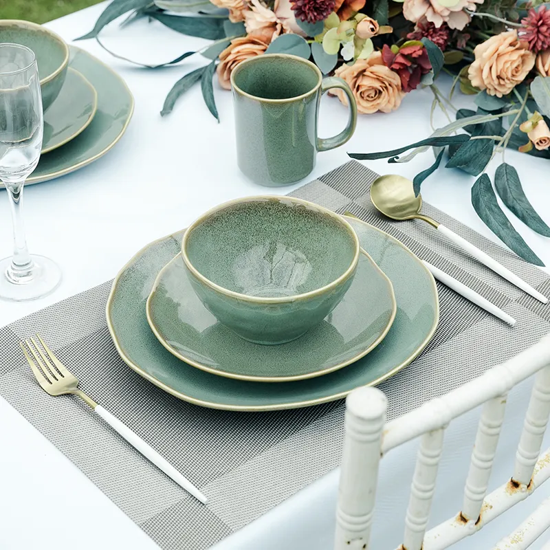 Wholesale rustic reactive glaze wedding stoneware porcelain dinner set with salad plate pasta bowl coffee mug cups