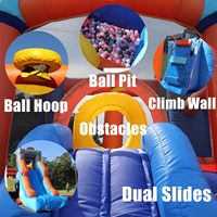 Château gonflable commercial en PVC pour enfants avec toboggans et fosse à balles, jeu de lancer d'anneaux, panier de basket-ball, terrains d'obstacles inclus