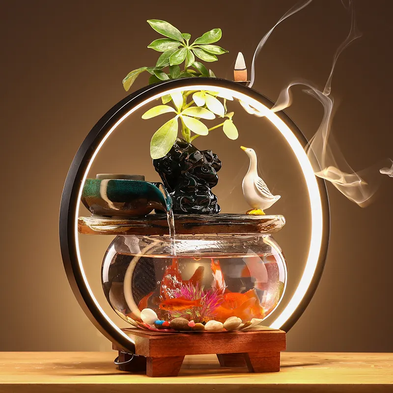 Tangki ikan kaca kreatif, dekorasi ruang tamu tangki ikan, kaca air mancur air batu dengan cincin Led Humidifier