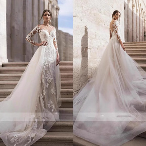 White Long Sleeve V Neck Mermaid Wedding Dress With Floral Print And Trailing Skirt For Elegant Bridal Wear - Product Image 1