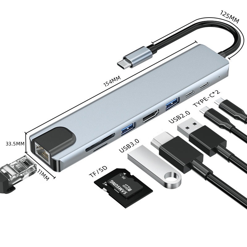 OEM 8 в 1 многофункциональная док-станция с 4K HDTV + PD Быстрая зарядка + TF + SD + RJ45 + USB3.0 + USB C + USB2.0 + 100 Вт Зарядка Тип C USB-концентратор